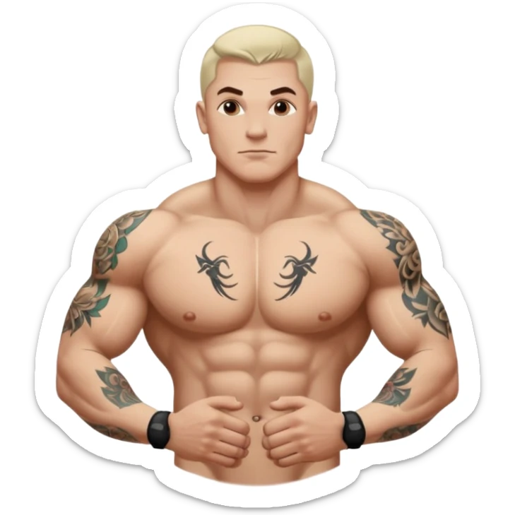 tattoo man, white skintone, more highlight the tattoo, body builder, tatto on fully chest, more tattoos on the body. sticker