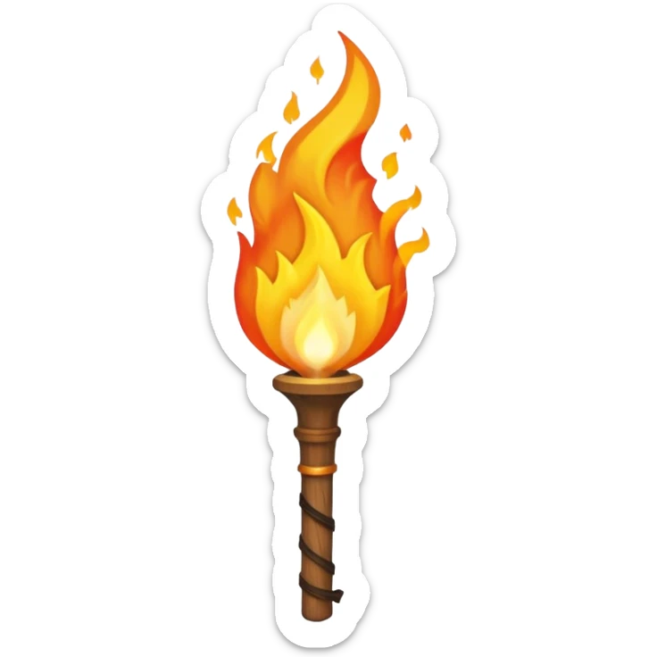 Indiana Jones-style flaming torch: worn wooden stick, bright orange flame, dark and realistic atmosphere. sticker