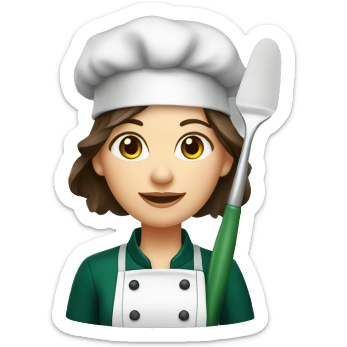 Female chef with long brown hair and hazel eyes wearing a dark green chef’s coat and holding a spatula sticker
