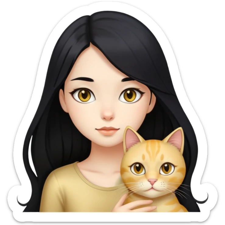 long black hair girl with black eyes with light gold cat sticker