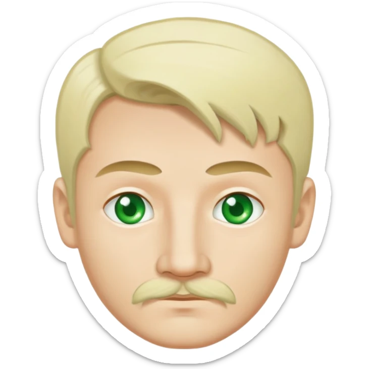 Skin colour is white. Tatar.
Green eyes. A little moustache.
Blonde hair sticker