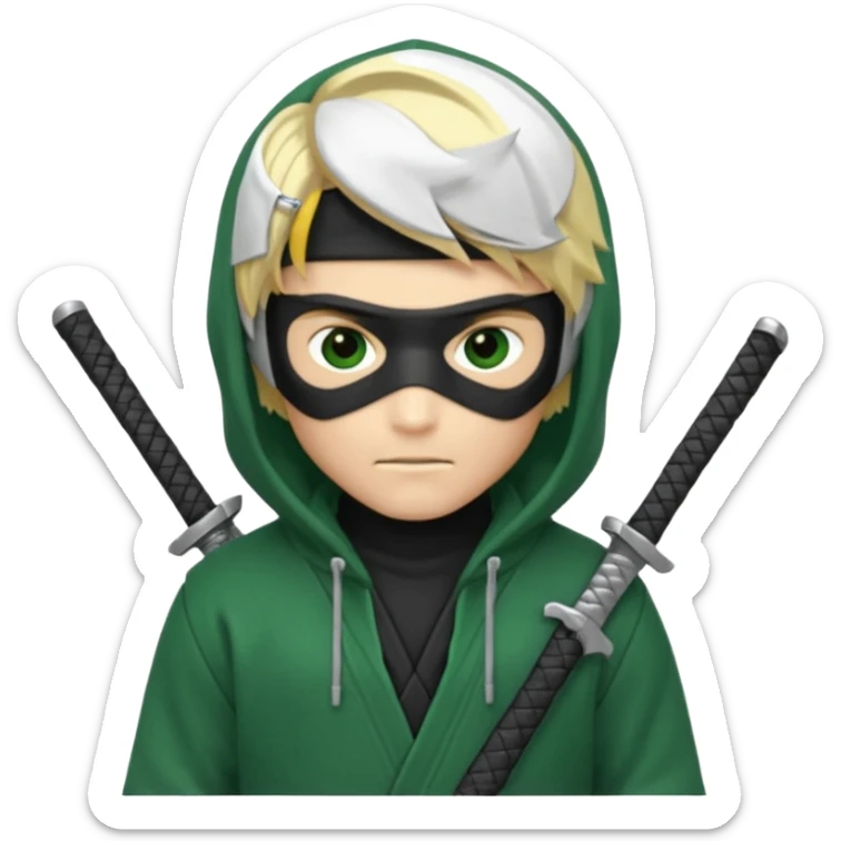 Green ninja Lloyd garmadon blonde hair, kaptur hoody on his head but blonde grzywka visible; the bottom left one is best (the one without miecze + black band + no mask of face) but add miecz; I want no band on head ; I don’t want any band on forehead sticker