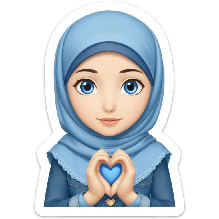 Turkish beautiful finish Konya girl blue eyes with denim hijab islamic dress and making heart with hands and with thank you text sticker