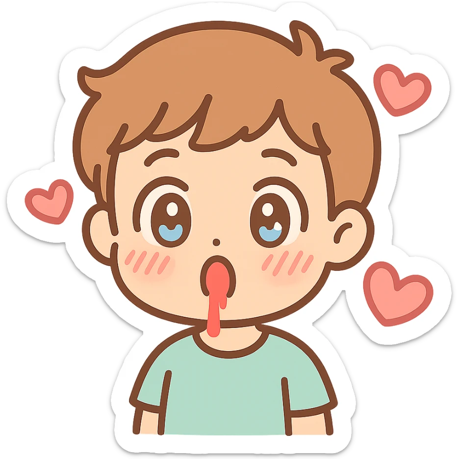 anime-style emoji of a surprised boy, wide eyes, nosebleed, blushing, hearts circling the head sticker
