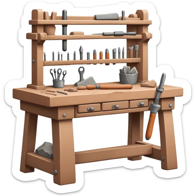 Cinematic Realistic image of a workbench set with a lump of pliable clay and artisanal sculpting tools, rendered with finely detailed textures that reveal subtle clay particles and well-worn tool surfaces, bathed in warm, focused studio lighting sticker