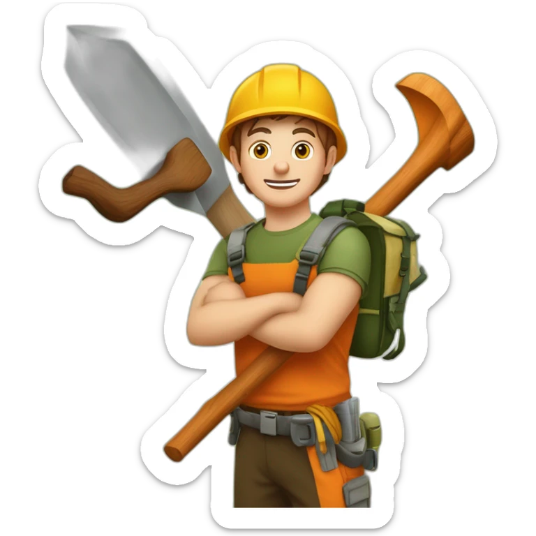 Jeune homme bûcheron coupant du bois avec son protos et sa tronçonneuse Sthil sticker