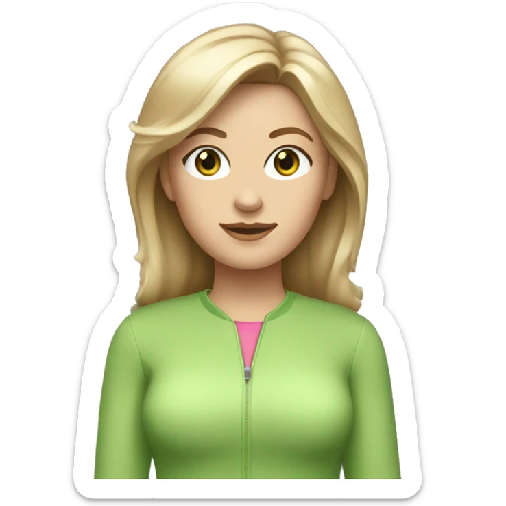 White woman dark blond hair  pink  full body jumpsuit with light green eyes sticker