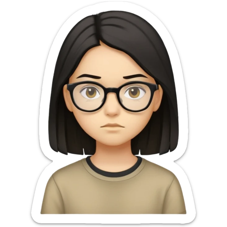 "- Nữ
- 15 tuổi
- Da vàng
- Tóc đen, ngang vai
- Mặt nghiêm túc, đeo kính, áo nâu
" sticker