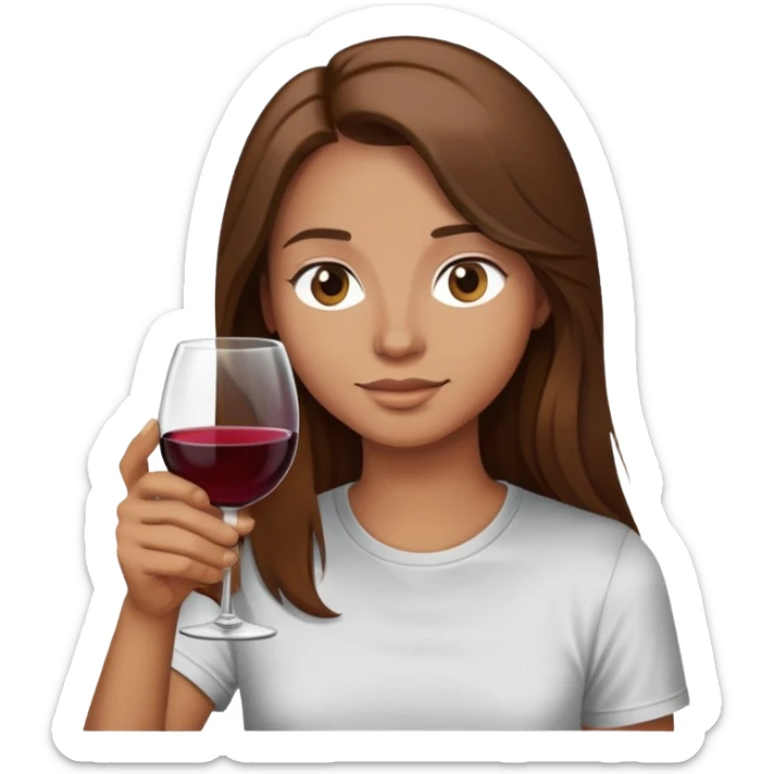 Long brown hair emoji drinking a glass of wine wearing a t shirt sticker