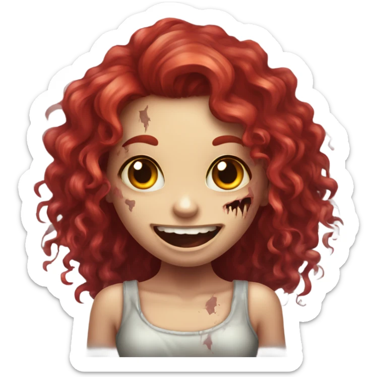 Happy zombie girl red long curly hair with both hands in the air, vestindo blusa comprida preta sticker