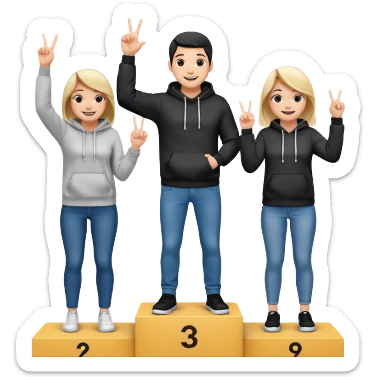 three people in jeans and hoodies on a winners podium, black and white, center step higher, no numbers, center person holding up one finger on each hand, cheerful expressive emoji style sticker