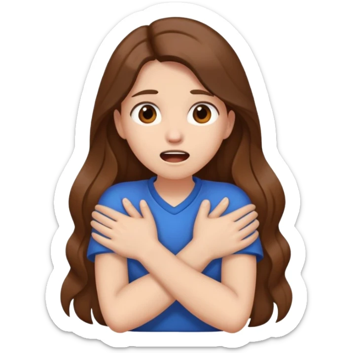 Girl with long hair crossed arms around the chest holding her neck with mouth open sticker
