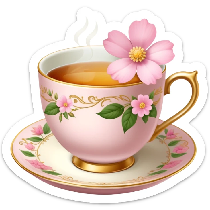 Vintage cup of tea with baby pink flower and touch of gold sticker