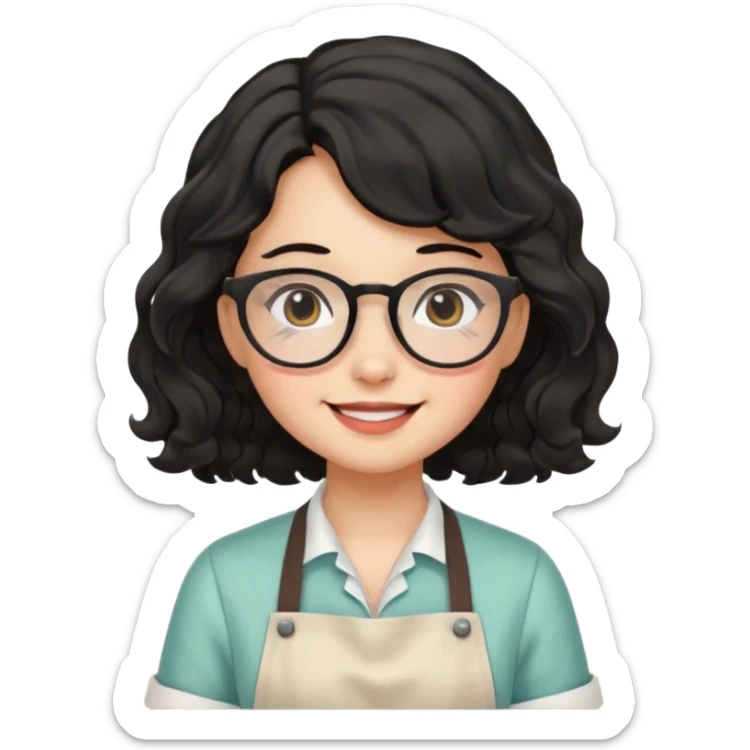 girl with apron, black wavy hair, wearing glasses, a little blush on her cheek sticker