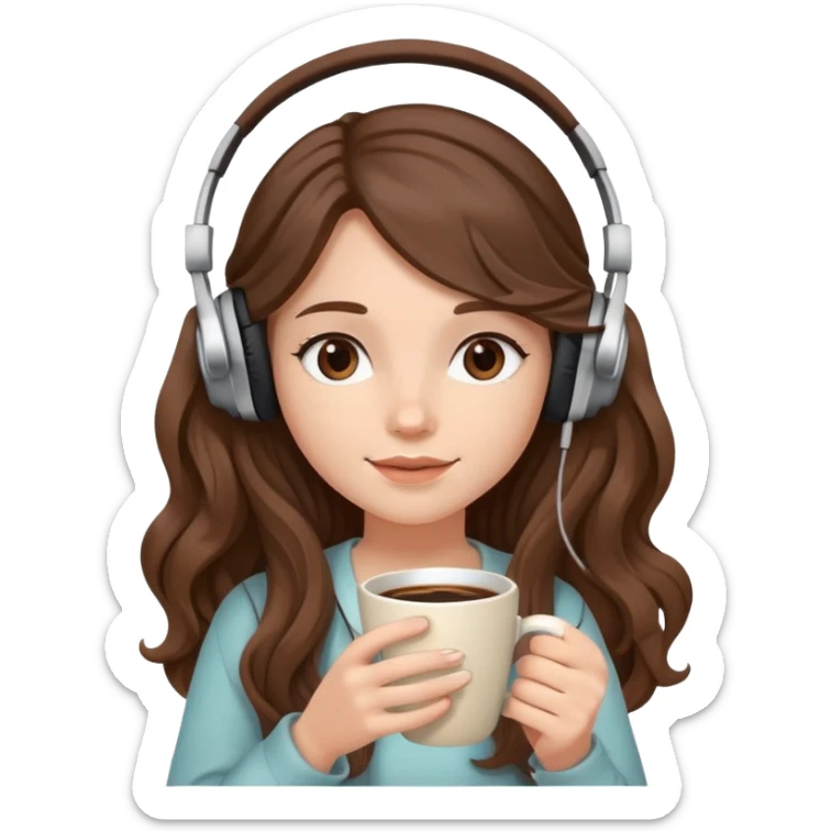 A girl with brown wavy long hair, wearing headphones on her head and holding coffee in her hand SHe has delicate facial features sticker