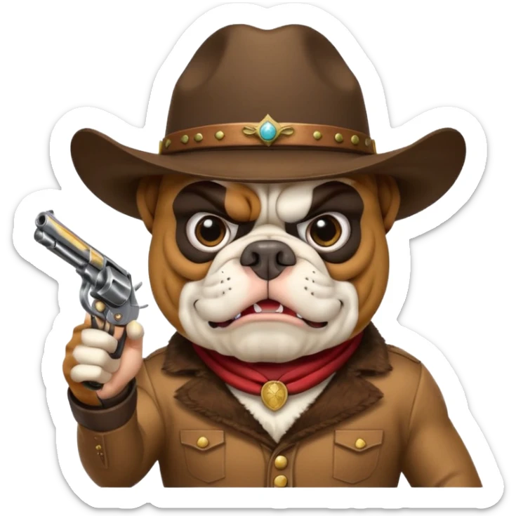 A bulldog wearing a cowboy hat, wearing a mask, pointing a revolver at you and telling you to hand over your money. sticker