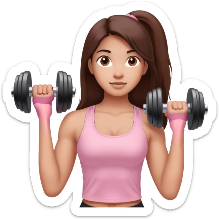 a north-east indian girl with long brown hair wearing a soft pink gym top lifting dumbbells  sticker