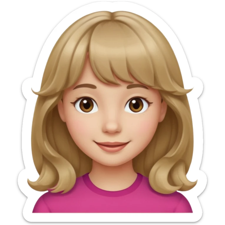A girl with wavy, dark blonde hair, straight bangs, and straight eyes. She is smiling. sticker