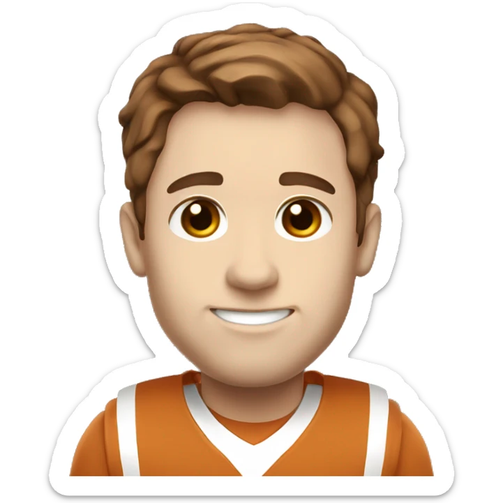 Brown hair, pale skin, man. Wearing University of Texas Longhorn clothes sticker