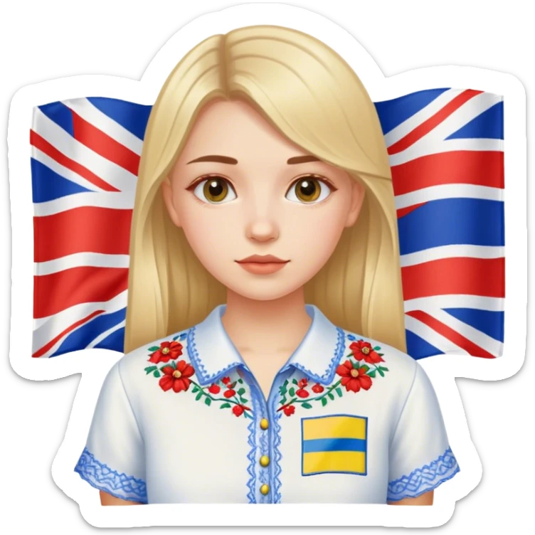 Ukrainian girl in an embroidered shirt against the background of the British flag sticker
