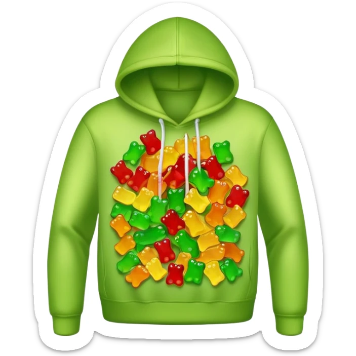A hoodie sweatshirt where the hood is full of gummy bears sticker
