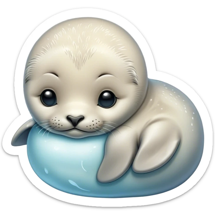 Beautiful and Majestic Baby Seal Portrait Emoji, Head and body resting serenely with a gentle, content smile, showcasing a soft, cuddly form with tender, glistening fur and eyes peacefully closed in a tranquil slumber, Simplified yet exquisitely endearing features, highly detailed, glowing with a soft, radiant polar light, high shine, serene and utterly lovable, stylized with an air of regal innocence, soft glowing outline, capturing the essence of a beautiful and majestic baby seal that embodies the quiet wonder of arctic serenity! sticker