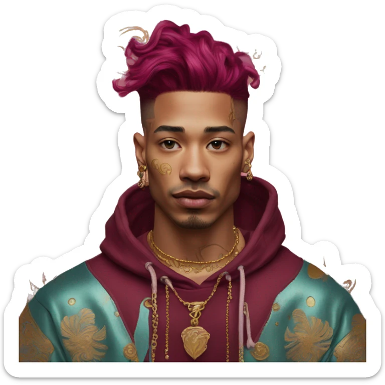 Vintage patina intricate swirls gold jewellery baroque golden raven tropical Deep pink maroon burgundy cyan dark hoodie man vitiligo dyed hair gold piercings nose piercing ear piercings sticker