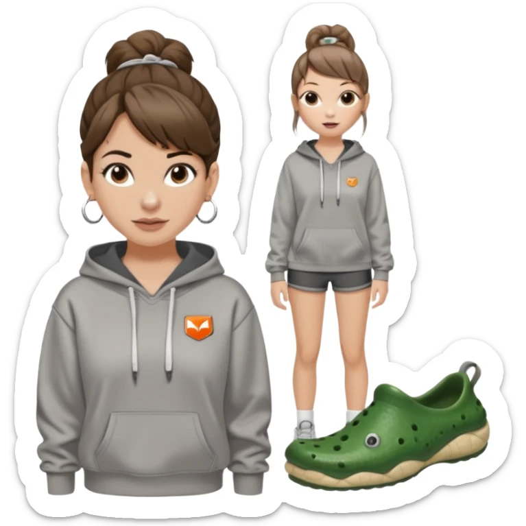 can you make a white girl with brown hair that is in a bun  and brown eyes and a normal white person nose and then she is wearing a grey hoodie mclaran formula 1 and wearing dirty white crocs with taylor swift gibits, 3 on each croc and she has 4 ear peiecings and hoop and stud and black shorts
 sticker