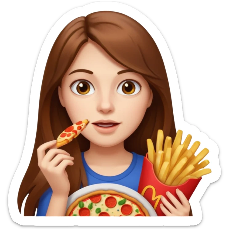 lean female with long hair holding fries and eating pizza sticker