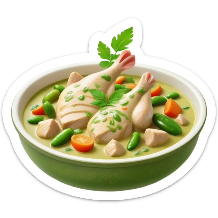 Cinematic Realistic Green Chicken Curry Dish Emoji, depicted with tender chicken simmered in a fragrant green curry sauce with vegetables rendered with rich textures and dynamic, vibrant lighting. sticker