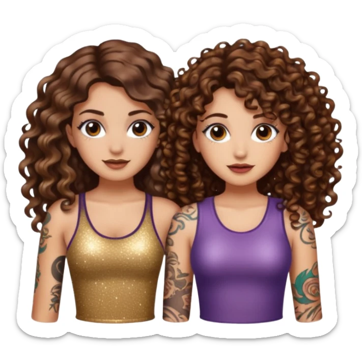 glitter blast — long wavy brown hair tattooed woman and short tight curly brown hair woman — sparkle covered sticker