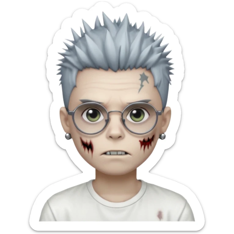 zombie boy with spiky emo hair and white shirt and round earring and glasses sticker