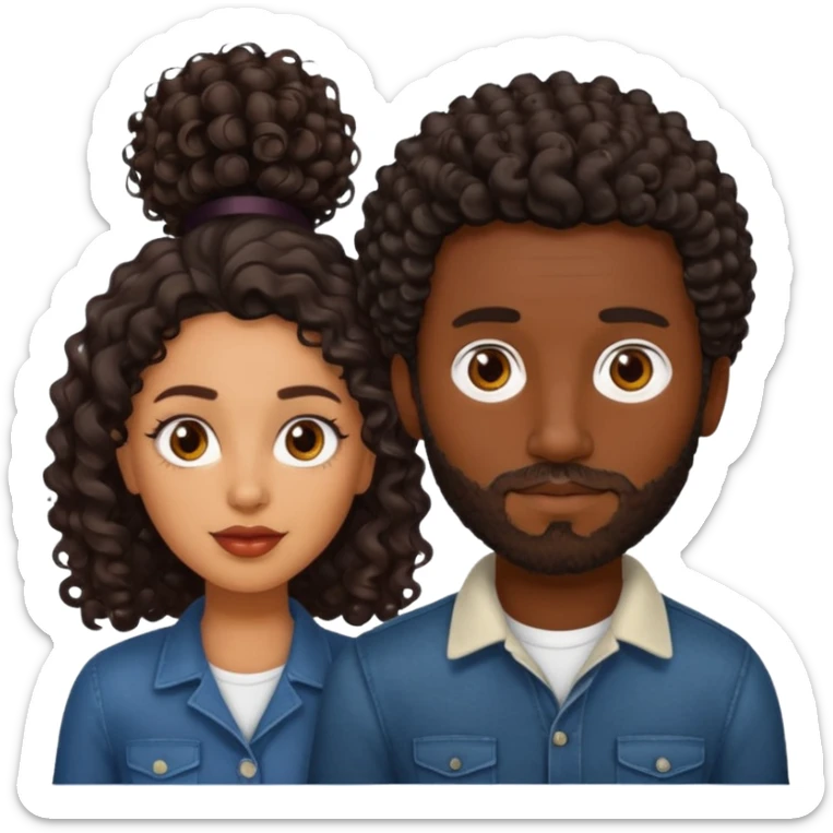 Dark brown skin man with a light beard and a curly   fade haircut with dark brown eyes with a brown  brown Latina woman with dark wavy hair  sticker