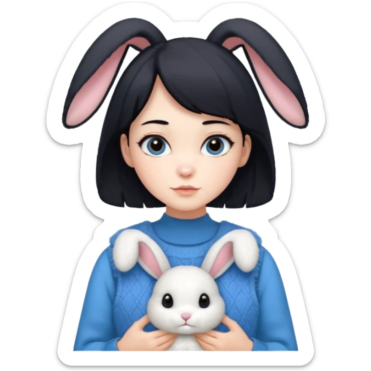make a girl hair short black and wear bunny skin pale ok and wear Sweater vests blue and make little bit a younger sticker