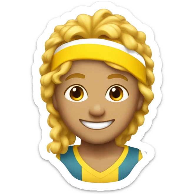 A happy yellow ball with a wavy mullet hairstyle with a sports headband sticker