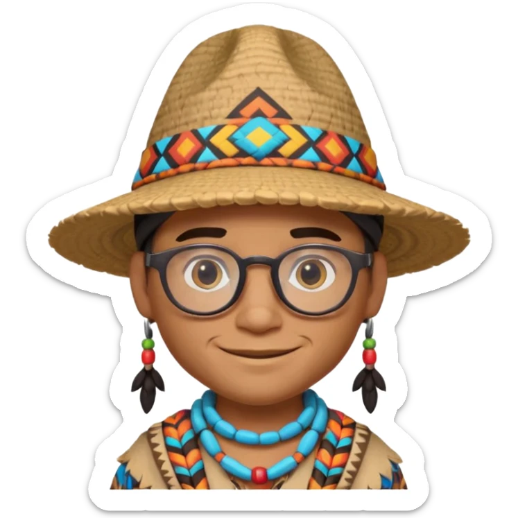 cute Indigenous tribal male character portrait, head and shoulders only, wearing glasses, stylish hat, friendly smile, colorful tribal patterns, 3D cartoon, mobile game icon style, clean background, no text, no watermark
 sticker
