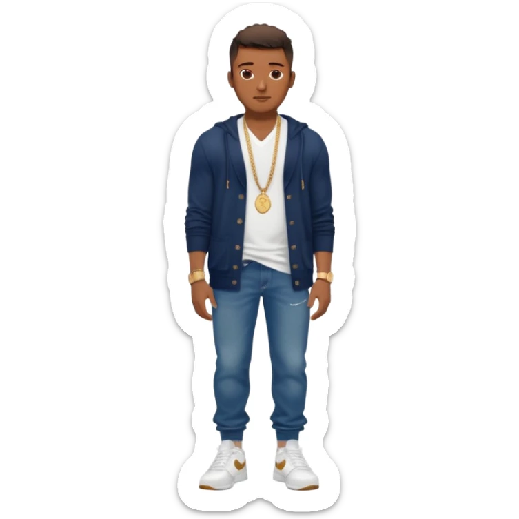 Handsome Black guy with brown skin tone, with muscular build, wearing long baggy dark denim jeans, a white t-shirt, a Burberry cardigan, white Nike sneakers, a gold watch, and a dainty chain sticker