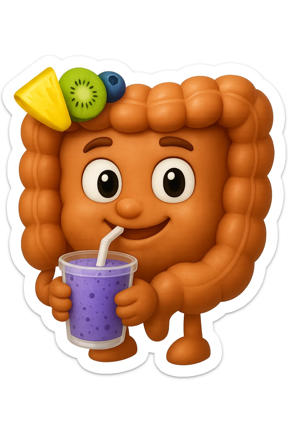 EMOJI STILE IPHONE DI un intestino umano anatomico che beve un frullato di mirtilli, ananas, kiwi, fagli anche la parte bianca degli occhi, non solo le pupille, REALISTICo 4K sticker