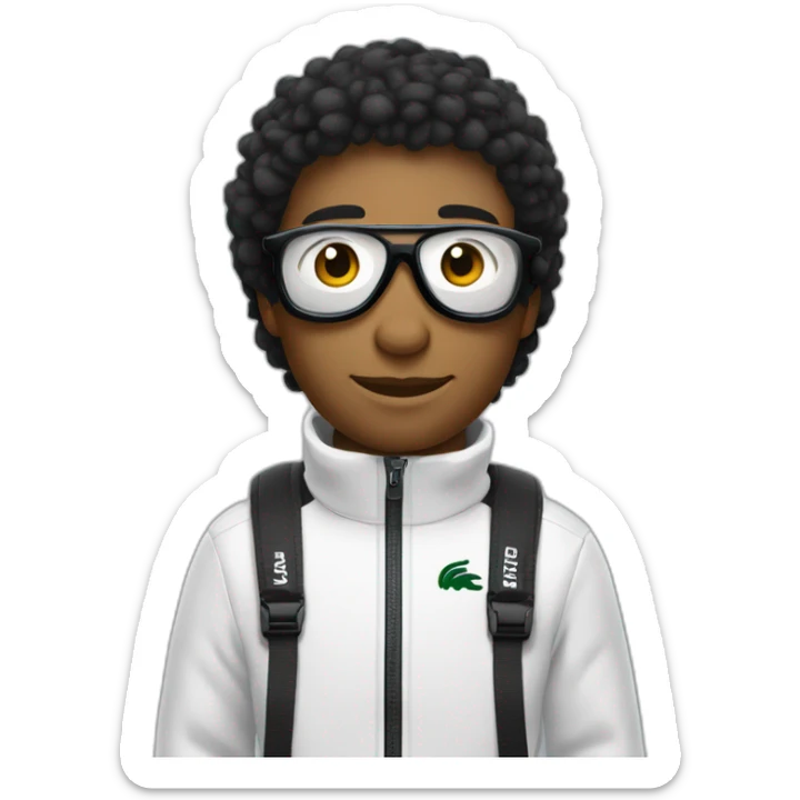 Un garçon blanc qui porte das lunettes de ski, il a les cheveux noirs et un survetement de lacoste sticker