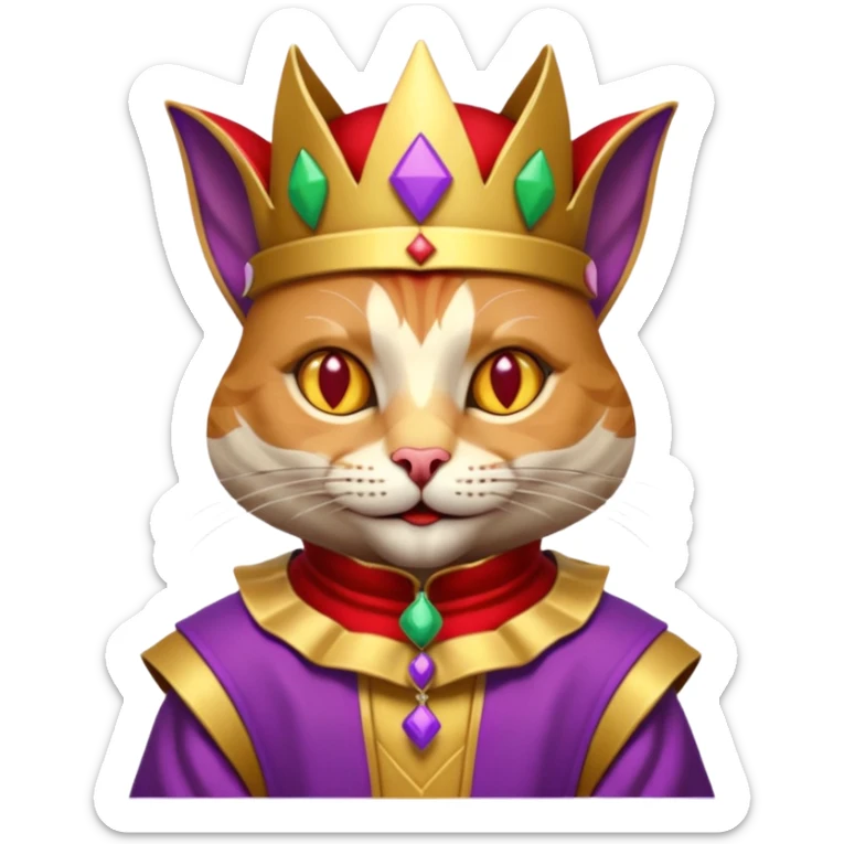 crazy colorful cute little cat jolly joker from poker, medieval, vintage, court jester, mac os icon, purple, gold and red color, half body. Squared shape as 3D mac os icon, symmetrical sticker