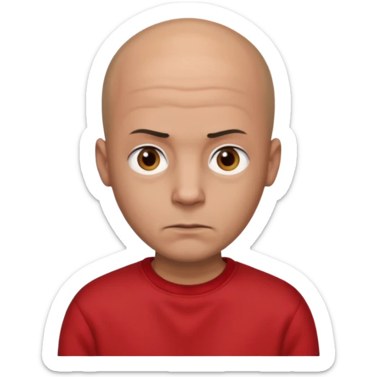 almost bald man, with hair on his head wearing a black sweatshirt and a red t-shirt under the sweatshirt and with brown eyes and a serious look  sticker