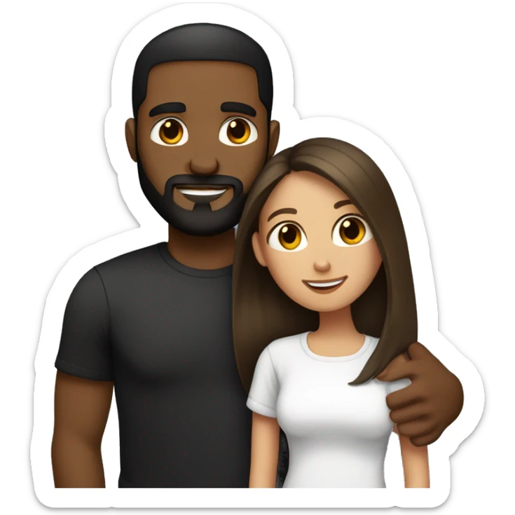 light skin woman with very long straight brown hair hugging black man with very short dark hair and a long dark beard wearing a white tshirt sticker