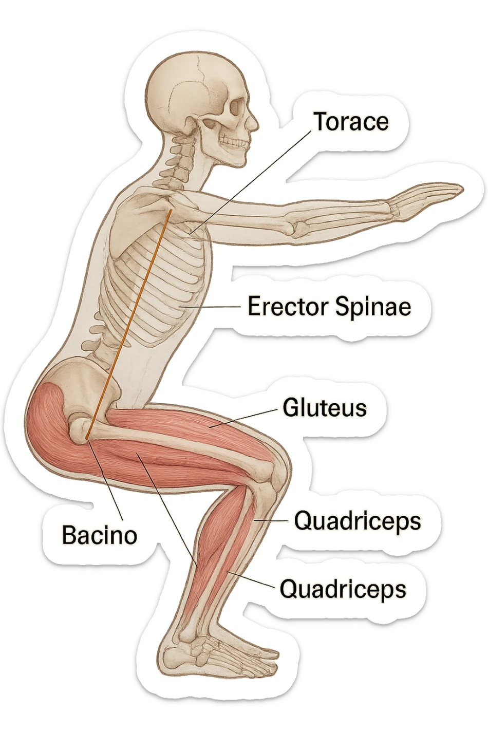 side view of a human figure performing a squat, with transparent overlays showing the skeletal structure. A straight line or highlighted axis connects the pelvis (bacino) and the ribcage (torace), demonstrating correct alignment. Key muscles involved in maintaining posture are labeled. Clean, educational style, white background. sticker