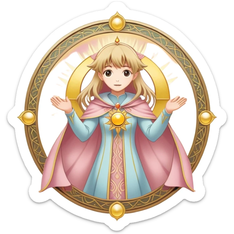 magical tarot-like card inspired by the Clow Cards from Cardcaptor Sakura. The card has ornate golden borders, a sun or moon symbol at the top, and a mysterious illustration in the center. The background is a soft, enchanted pastel tone. sticker