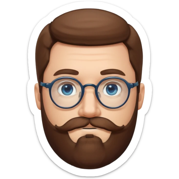White man with blue eyes, long brown hair, large round glasses, mustache and beard sticker