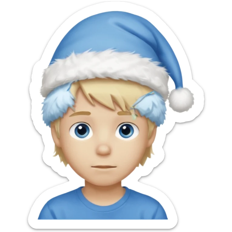 create boy blonde hair long messy, light eyes, white t shirt, rich, long hair, eyes blue, acessory head cristimas blue hat, fluffy hair medium long sticker