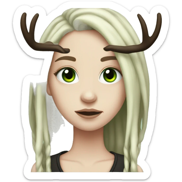 Girl with pale skin, green eyes, black dread-locks, eyeliner, deer antlers, grunge sticker