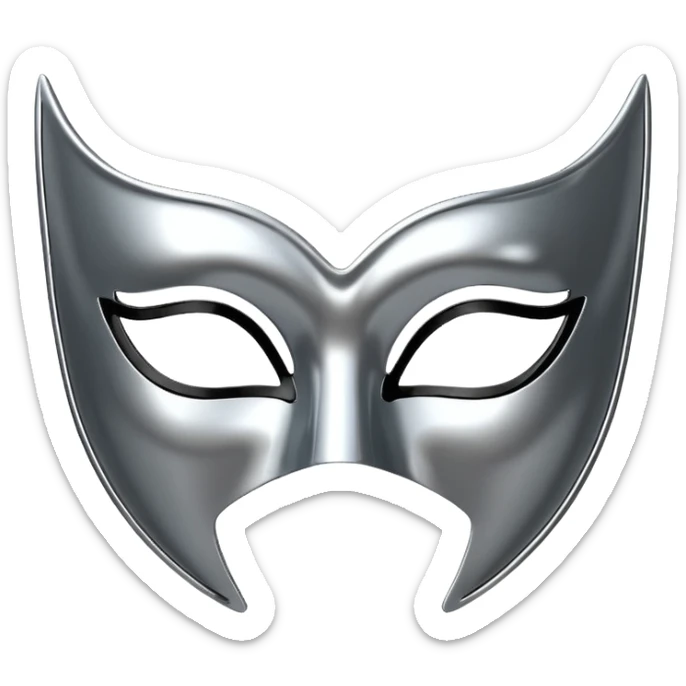 A sleek masquerade mask emoji made of polished silver chrome, smooth sensual curves, reflective metallic surface, mysterious sexy luxury vibe, minimal iOS emoji style, centered, clean white background sticker