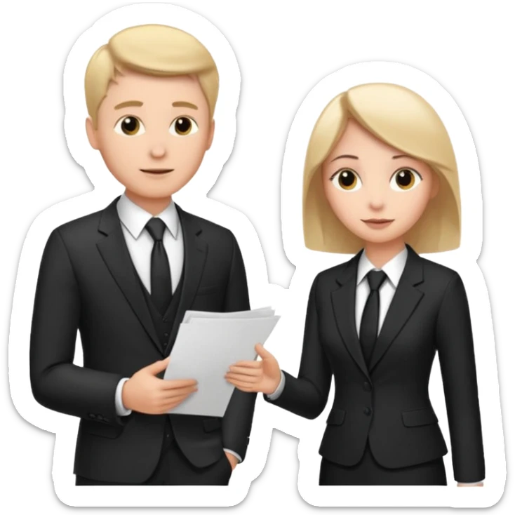 white man in formal suit talking to white woman in formal suit, they sit, papers in hands sticker