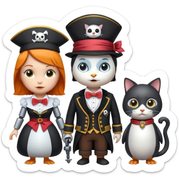 Penguin Wizard, pirata, gato con sombrero y pajarita y mujer con cuerpo de robot sticker